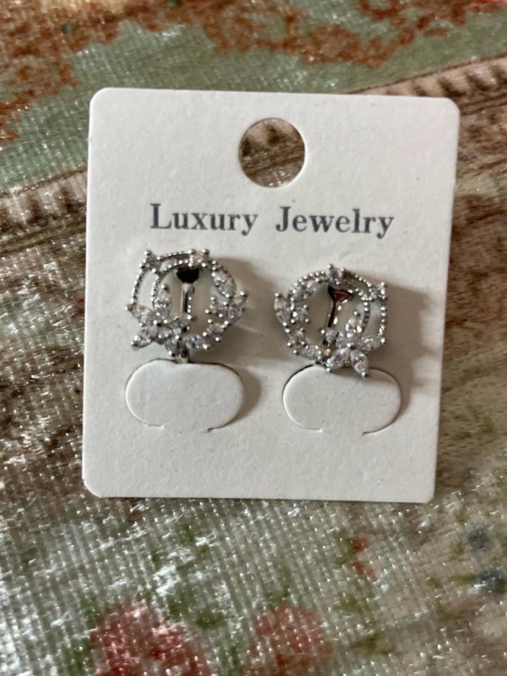 Silver Crystal Floral Hoop Stud Clip-On Earrings